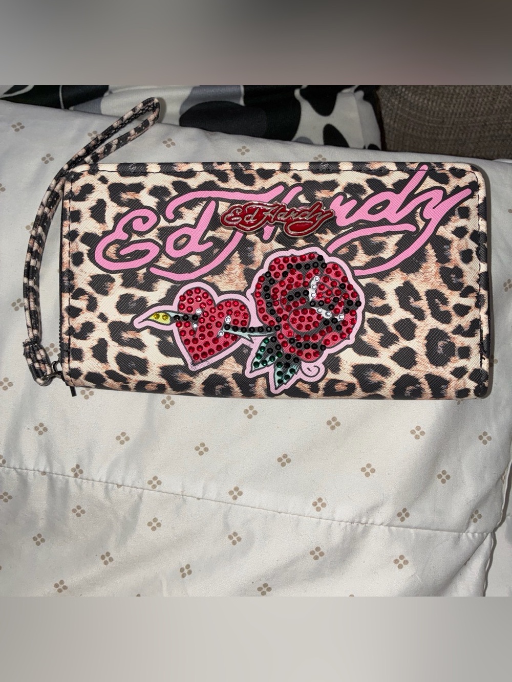 Ed Hardy Leopard Print Wristlet Clutch with Pink Logo and Red Rose